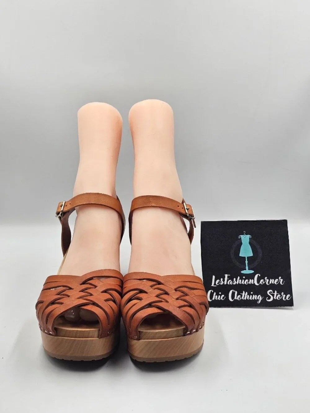 Swedish Hasbeens Womens Braided Tan Leather Sky High Wooden Clogs Sz 9.5 3719 - Picture 13 of 16